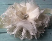 Vintage Inspired Ivory Lace Fabric Flower, Women's Headband, Girls Headband, Bridal Hair Accessory, Hair Clip, Ivory Lace Fabric Flower
