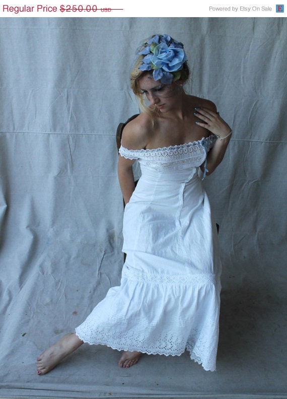 HAUTE SUMMER SALE 1890-1900's Edwardian White Eyelet Lace Long Wedding Slip/Dress size 6