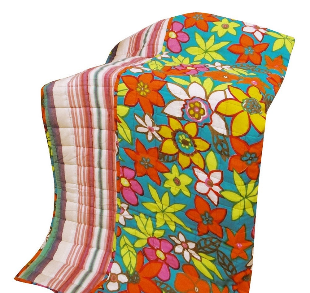 48" X 40" Reversible Baby Quilt Handamde Floral Embroidered Bedspread Blue Crib Size Gudari Indian Throw Blanket - NGQ212