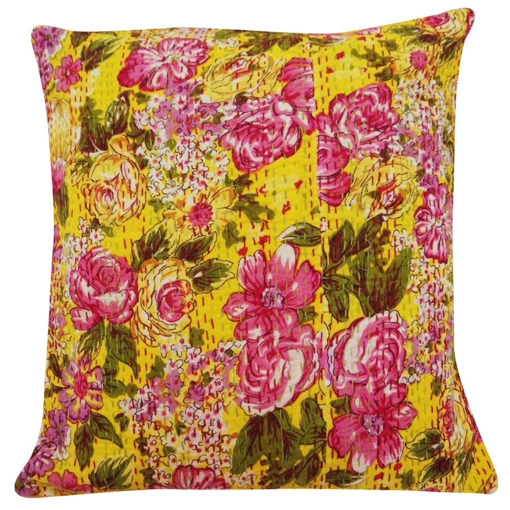 Free Shipping 17x17 Handmade Floral Kantha Yellow Cushion Cover Home Decor Decorative Throw Sofa Cotton Pillow Cover India - PL4931