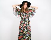 Vintage M L Floral Print Boho Hippie Angel Kimono Sleeve Empire Waist Maxi Dress