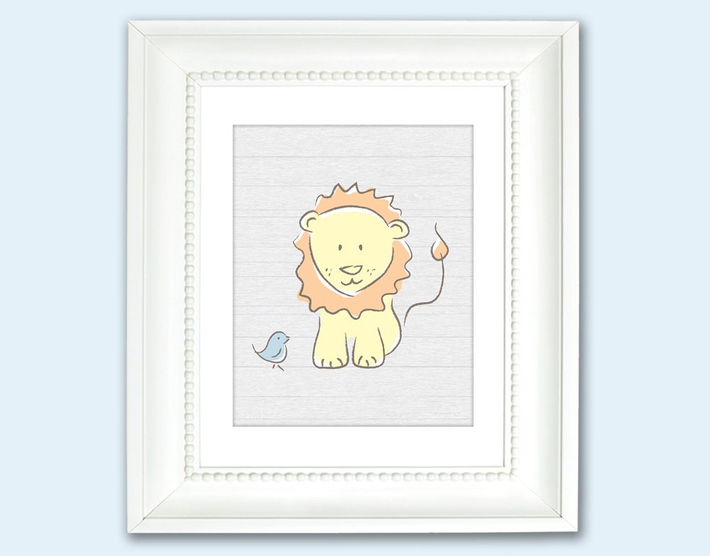 Baby Lion with Bird Nursery Art Print - Kids Decor, Art for Kids, Wood, Yellow, Orange, Grey - 8x10