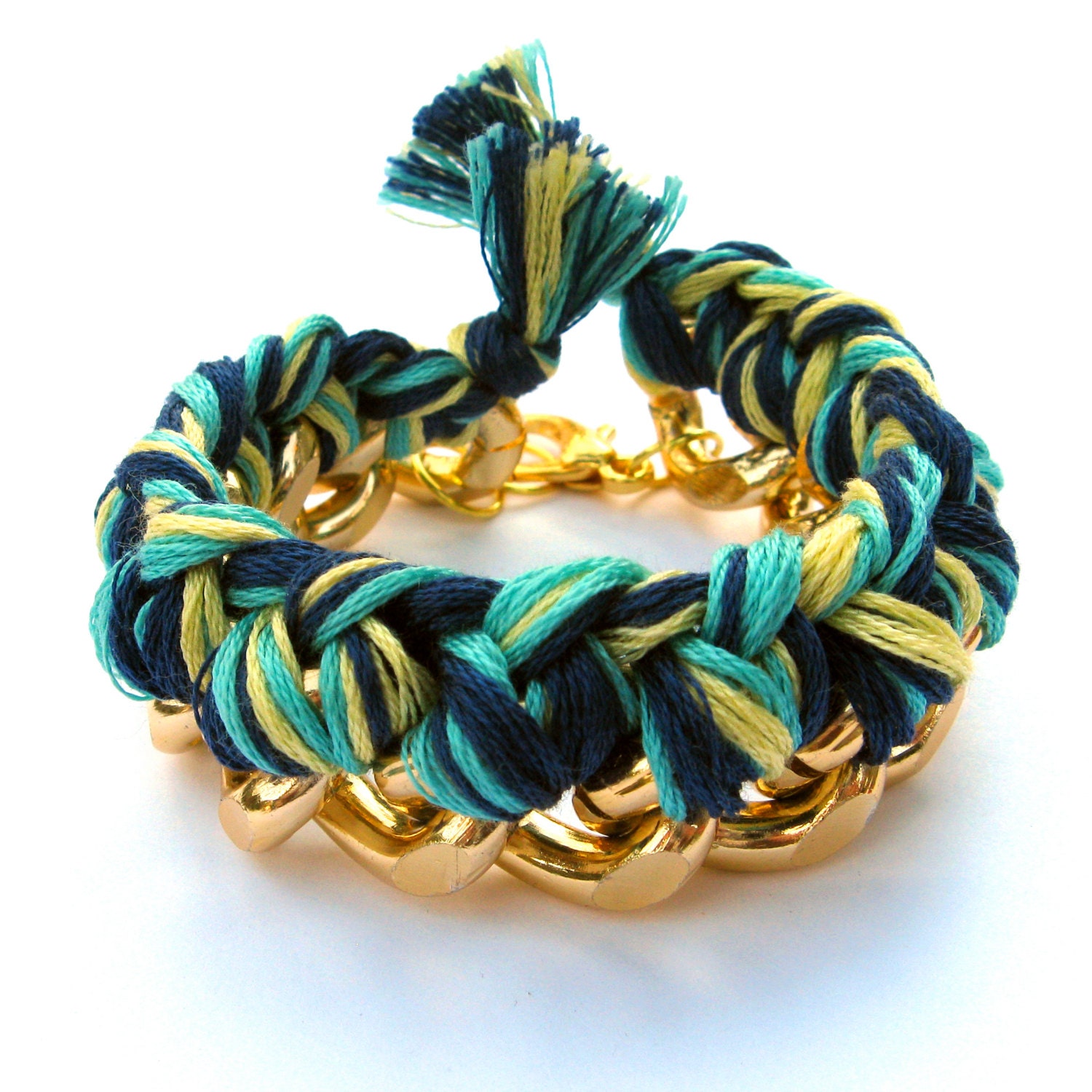 Magnolia Arm Candy Chain Woven Bracelet Navy Blue Green Yellow Chunky Gold Chain Bracelet