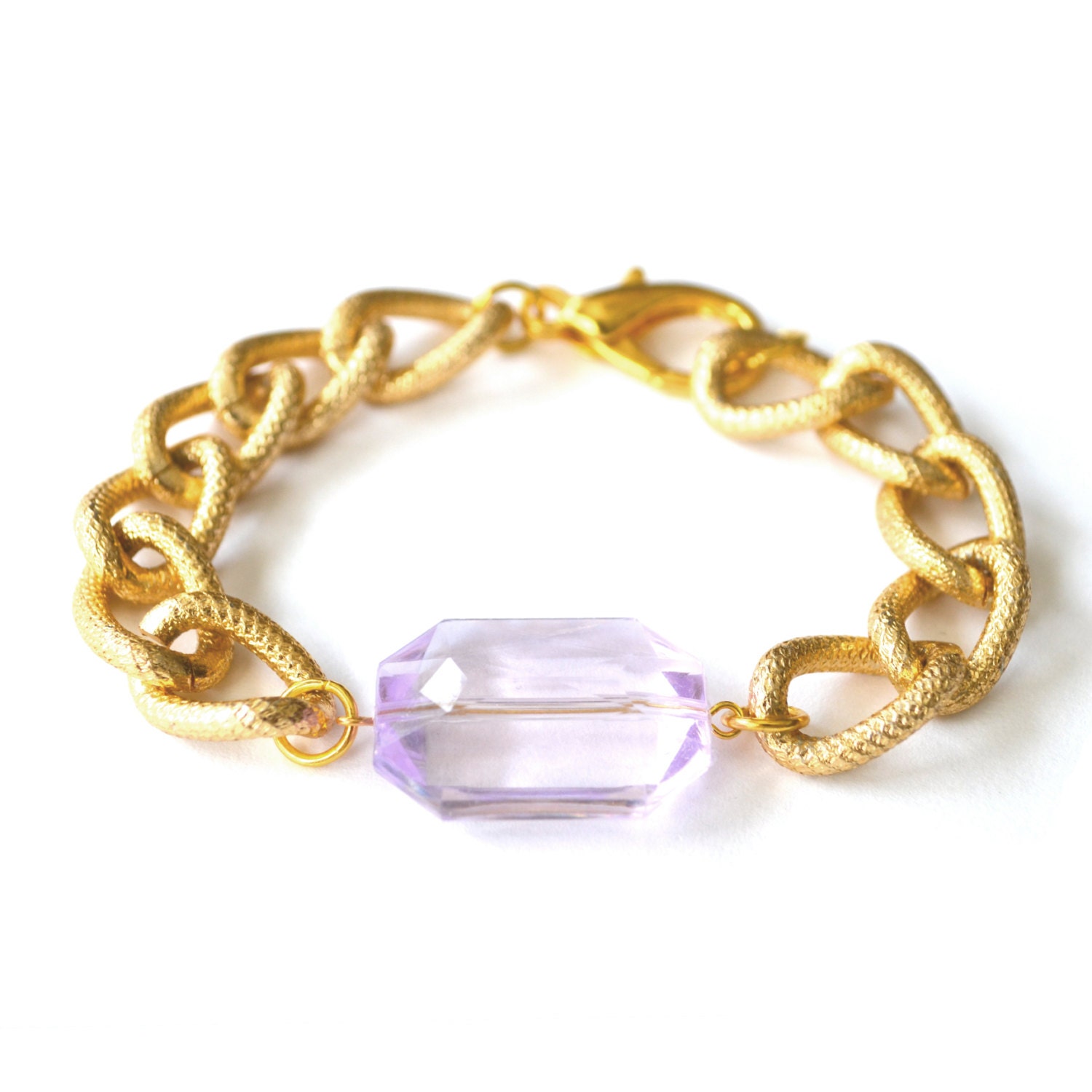 Larissa Arm Candy Translucent Purple Plastic Gem Bracelet - Chunky Textured Gold Curb Chain Bracelet - Jewel Arm Candy Chunky Chain Bracelet