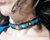 Steampunk Choker Black, Gray, and Blue Satin Ribbon, Natural Lace, and Metal Gears with Blue and Yellow Accents