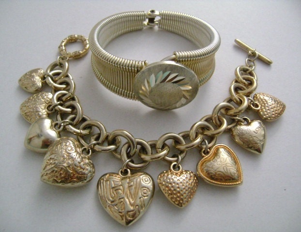 2 Piece Beautiful Vintage Jewelry Accessories Gold Tone Engraved Love Puffy Heart Charm Bracelet & One Signed Germany Aluminum Bangle Cuff