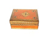 Vintage Florentine Box Orange Trinket Box Wood Jewelry Box Hand Painted Gesso Italy Italian Souvenir Gold Gilt
