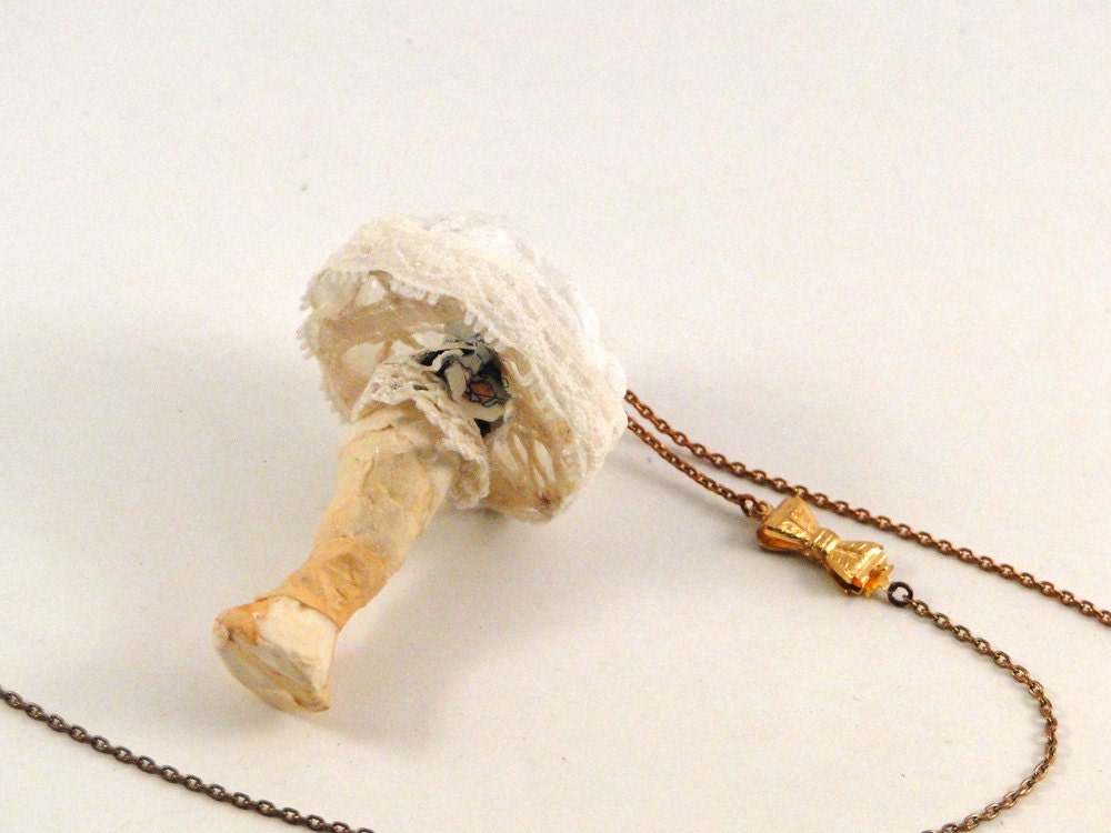 Lace and Paper Mushroom Necklace - Vintage Copper Chain with Vintage Gold Bow Clasp - 30 inch long necklace