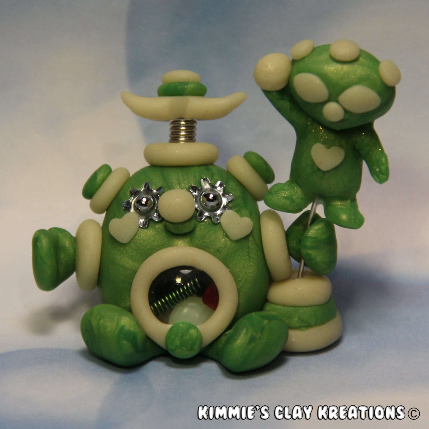 Polymer Clay Robot I Love Aliens Glow in the Dark Figurine - Miniature Whimsical Character Sculpture - BubbleBellyBotBaby