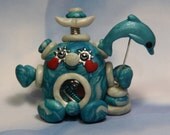 Polymer Clay Robot I Love Dolphins Figurine - Miniature Whimsical Character Sculpture - BubbleBellyBotBaby