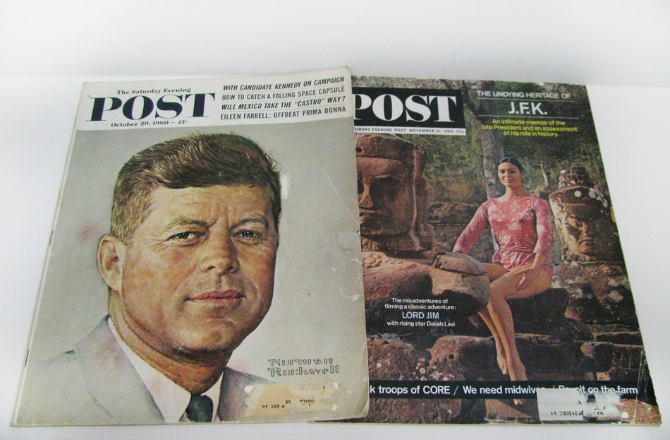 2 Vintage JFK Saturday Evening Post Magazines - 1960 & 1964 - John F. Kennedy Campaign and Assassination - Norman Rockwell cover