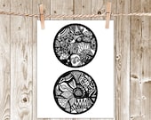 Poster Print 8x10 - Black & White Double Tribal Circles - of Fine Art Illustration for Your Wall Decor