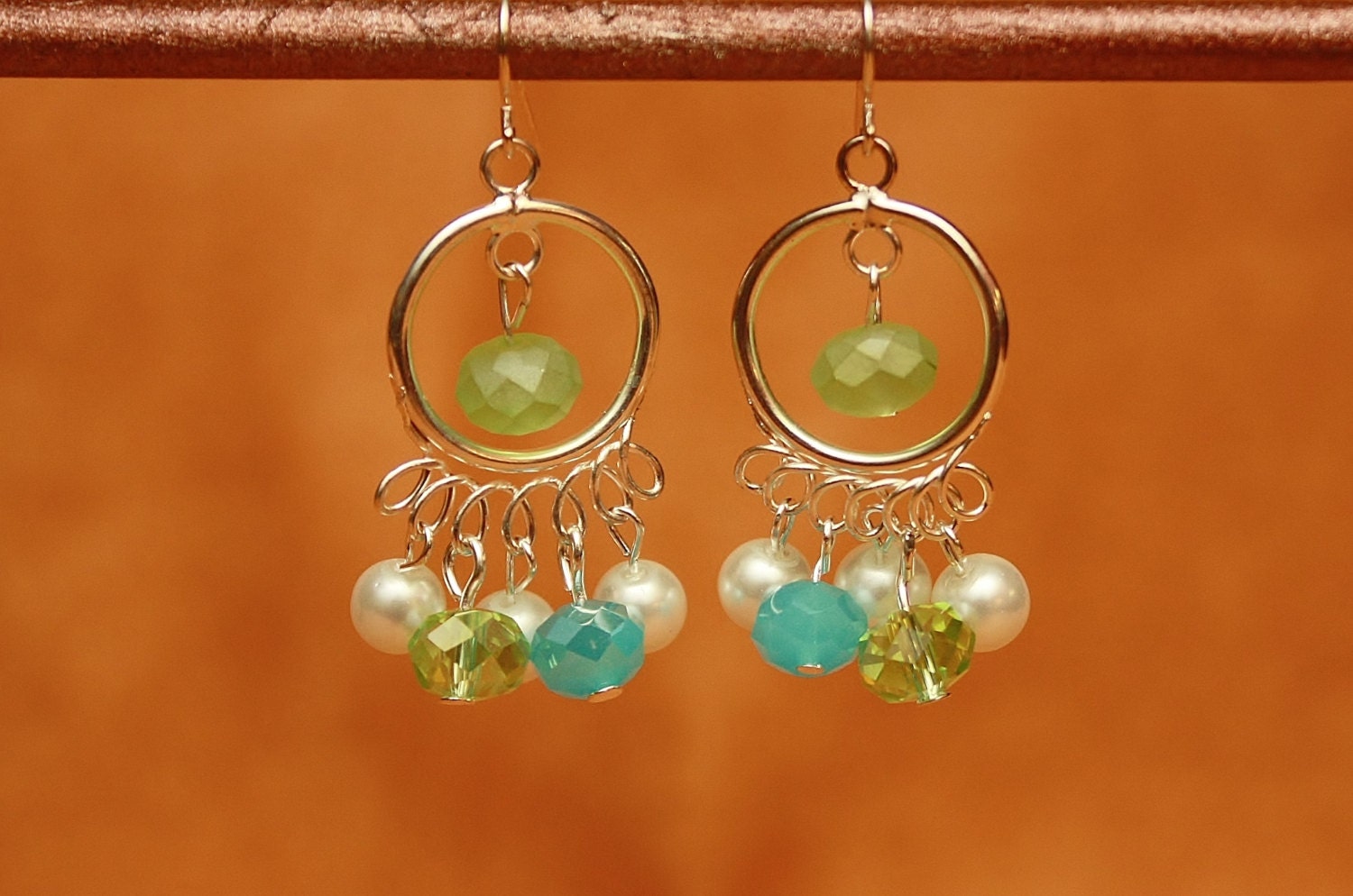 Sea Green/ Ocean Blue Crystals, Silver Chandelier Drop Earrings, Summer Beach: Artistic Metal, Button and Bead Jewelry