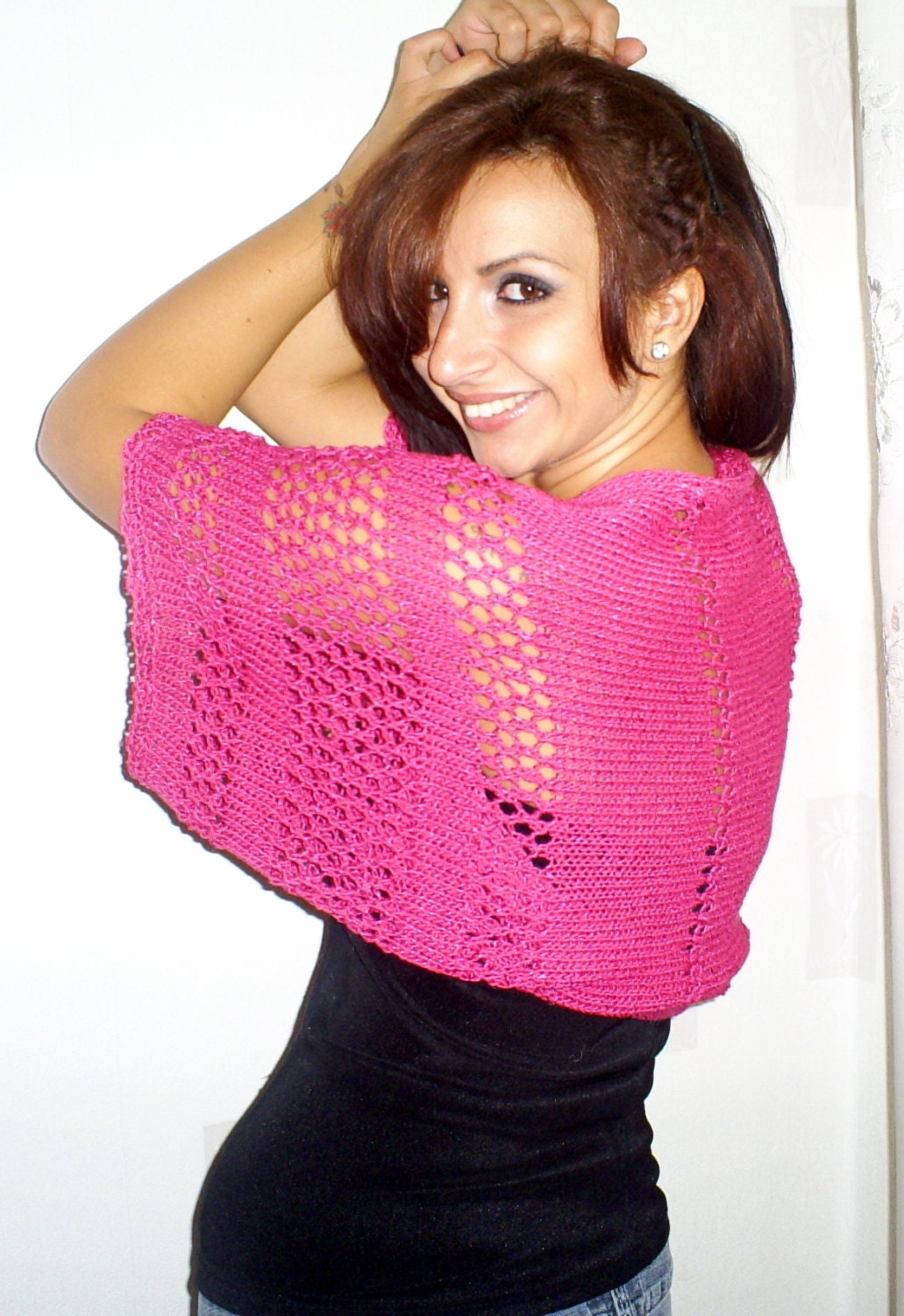 Bolero sleeves, knitted bolero, elegant knit sleeves for women and girls, magenta sleeves Hand knitting, cotton and silk, knitted bolero