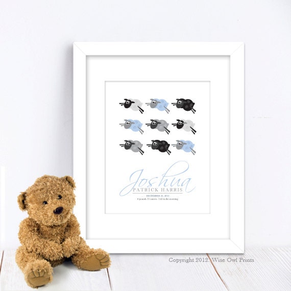 Nursery Wall Art Print Custom (Baby Name Print and Birth Stats) 8x10 Counting Sheep, Baby Shower Gift