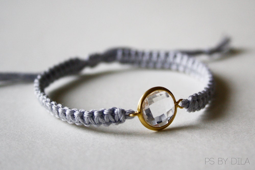 Light blue macrame bracelet  with gold framed crystal connector - grey, elegant, dainty, chic, cute, women jewelry, adjustable, fine, gift