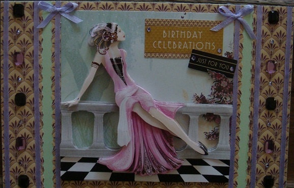 Stunning Large 3D "Lady in Pink Dress" Art Deco Handmade Birthday Card by Christine with message inside and matching envelope & gift tag