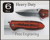 6 pcs Personalized Laser Engraved Wood Handle Pocket Hunting Knives Wedding Groomsman Groomsmen Gift -GS100W