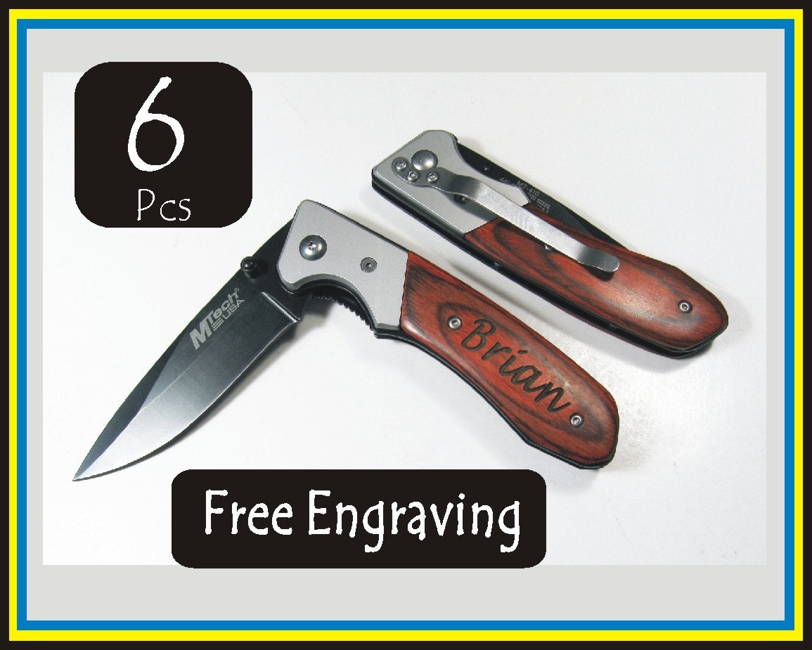 6 pcs Personalized Engraved Rosewood Pocket Knife Custom Engraved  Wood Knife Black  Hunting Knife Groomsman Wedding Favor Gift-M10