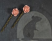 Set of Two Antique Brass Bobby Pins Peach Pink Rose Resin Cabochons Wedding Bridesmaids Birthday Gift Hair Accessory
