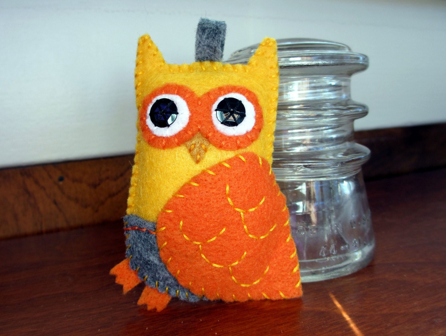Pocket Felt Owl- yellow, orange and charcoal gray