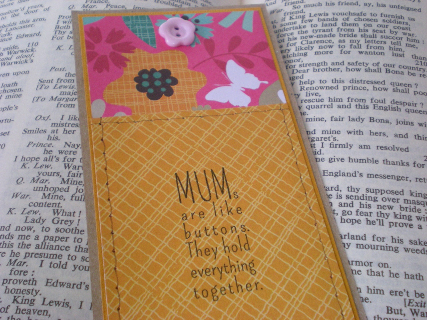 Bookmark for Mum, Handcrafted Bookmark, Recycled Kraft Card, Gift for Her, Mothers Day, Birthday Gift