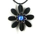 Recycled Bike Inner Tube Daisy Flower Necklace with Royal Cobalt Blue Silver Foil Lampwork Bead, Rubber Cord - Upcycled Bike Jewelry