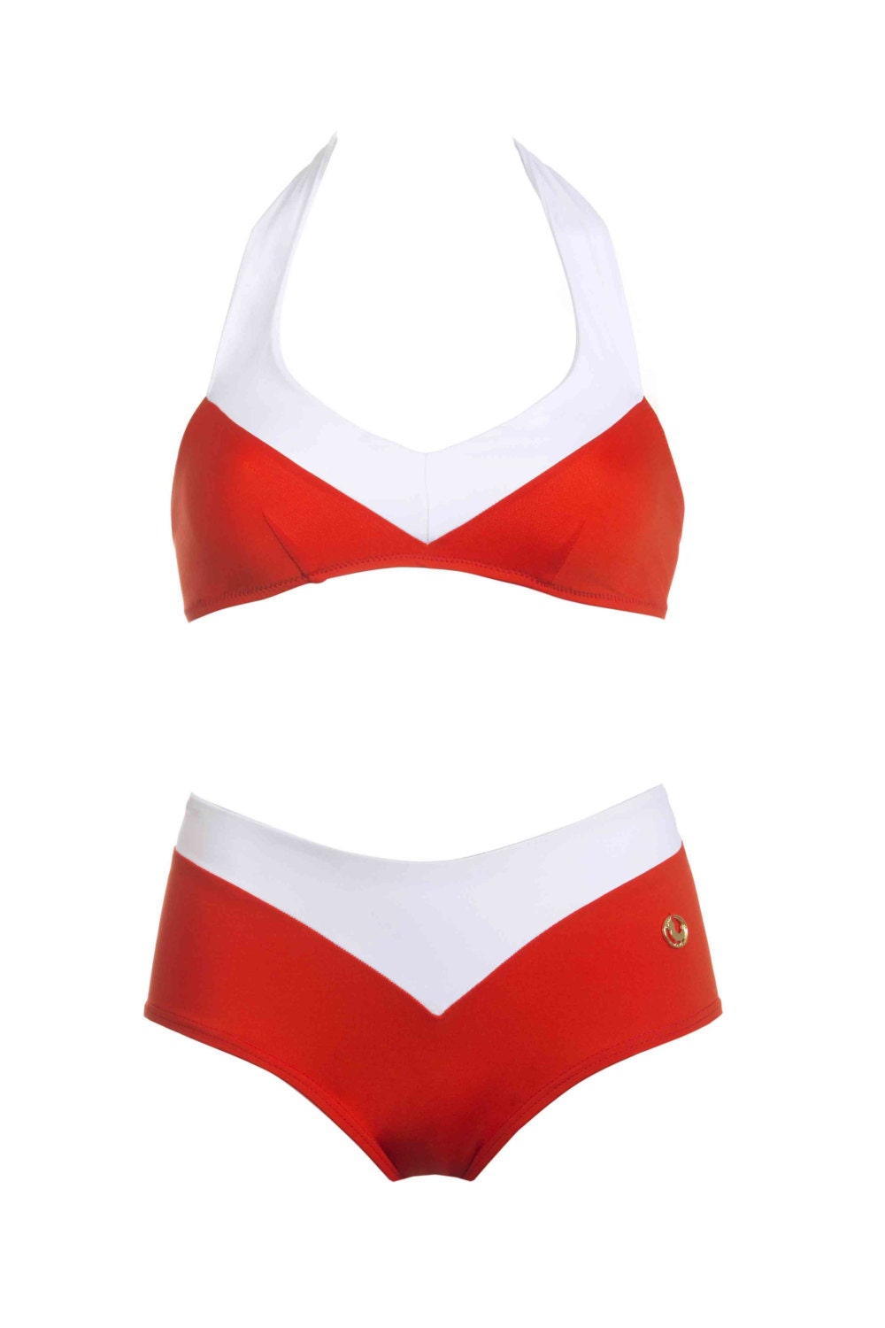 Sexy Red Halter Top Bikini Swimsuit / Halter Top and Mid Waisted Bottoms Bathing Suit