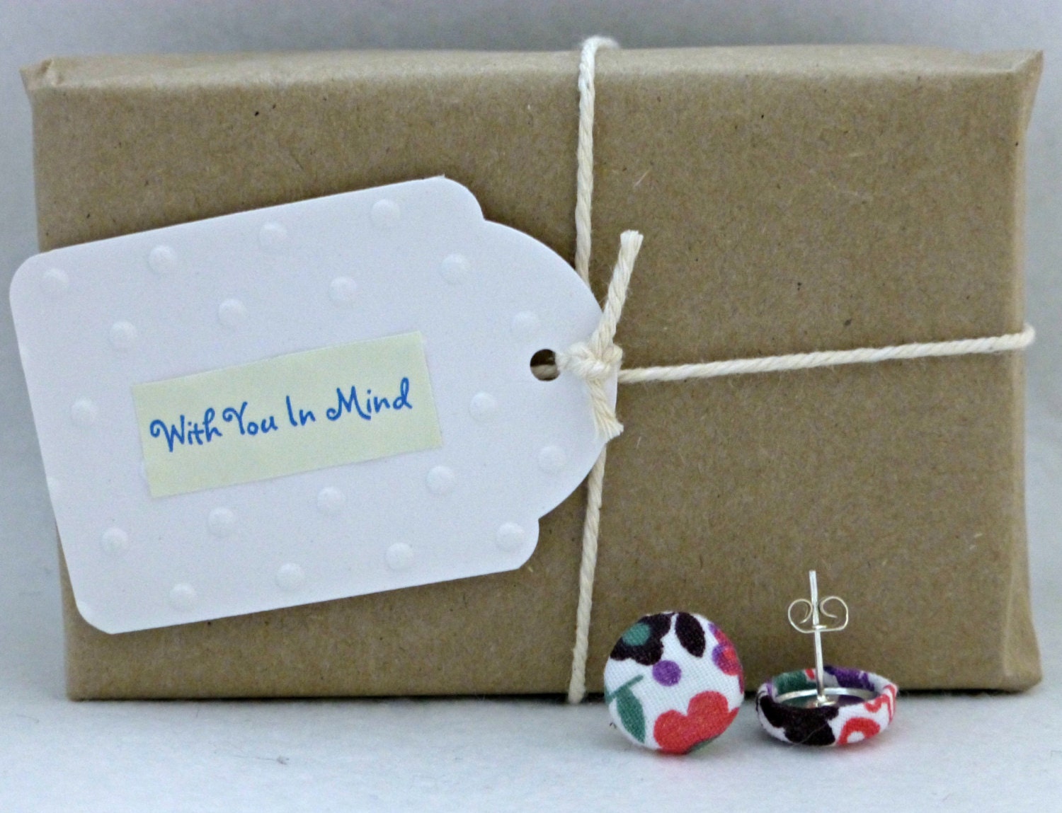 12mm Cotton Fabric Covered Button Earring. Silver Post.