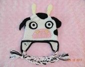crochet cow hat with earflaps, sizes youth or adult.Photography prop toddler winter hats farm animal adults teen accessories