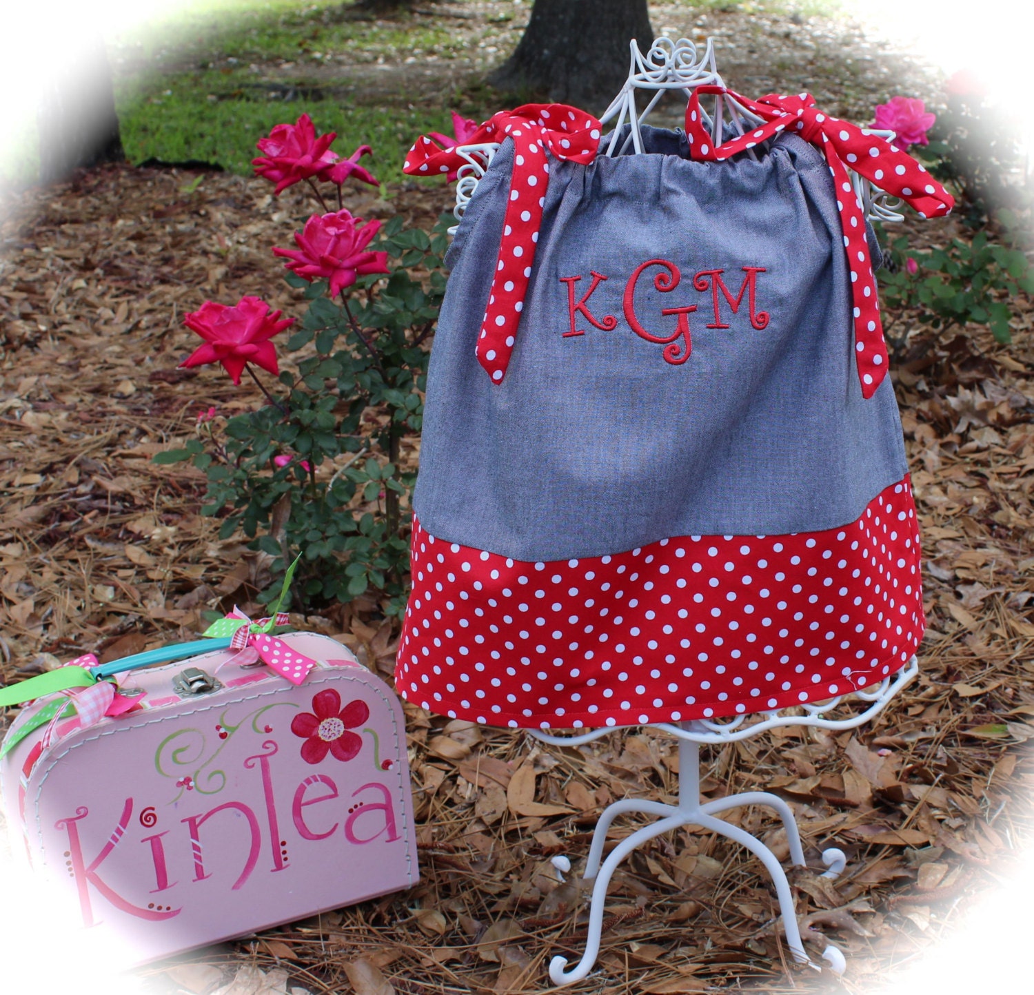 Girl's Boutique Pillowcase Dress...Black/Gray Chambray and Red Polka Dots...