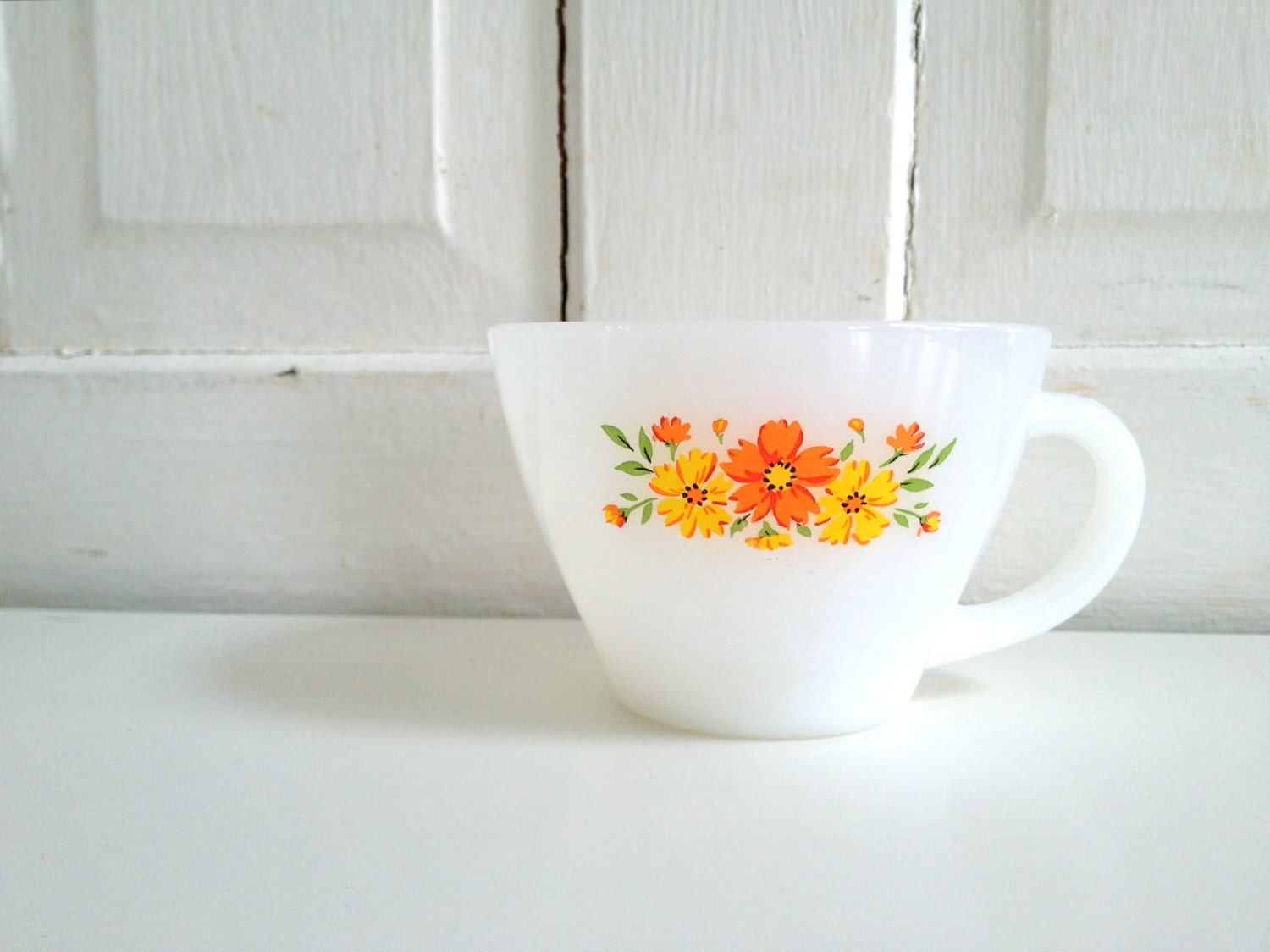Vintage Fire King Milk Glass Cup with Orange and Yellow Flowers