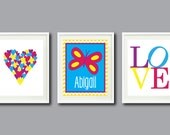 Three Print Set - Kids Room, Nursery, Home Decor - 8x10 - Butterfly, child's name, heart, LOVE-Aqua-Hot Pink-Yellow-Purple OR Choose Colors
