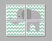 Elephant Nursery Art Print Set of Four - Chevron - Kids Room, Nursery, Home Decor - 8x10 - Grayed Jade, Grey OR Choose Colors - Mint - 4