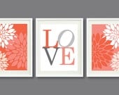 Three Print Set-Flowers-LOVE-Kids Room, Nursery, Home Decor-11x14-Coral, Grey/Gray, Persimmon OR Choose Colors-Trio-3-Dorm, Teen, Abstract