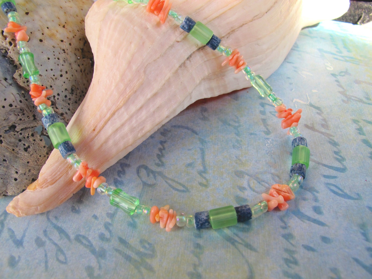 Sea Foam Green Necklace with Pink Coral, Blue Coral Sea Glass Beads Glass Jewelry Eco Friendly Jewelry