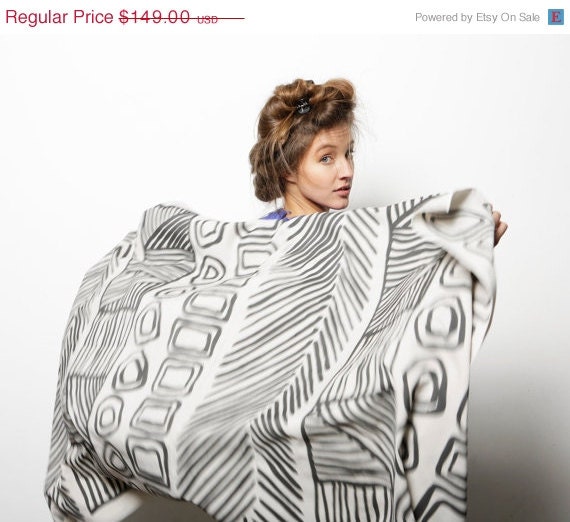 ON SALE Huge Designer scarf, Grey and Black hand printed woman shawl, Original design, Handmade by Dikla Levsky