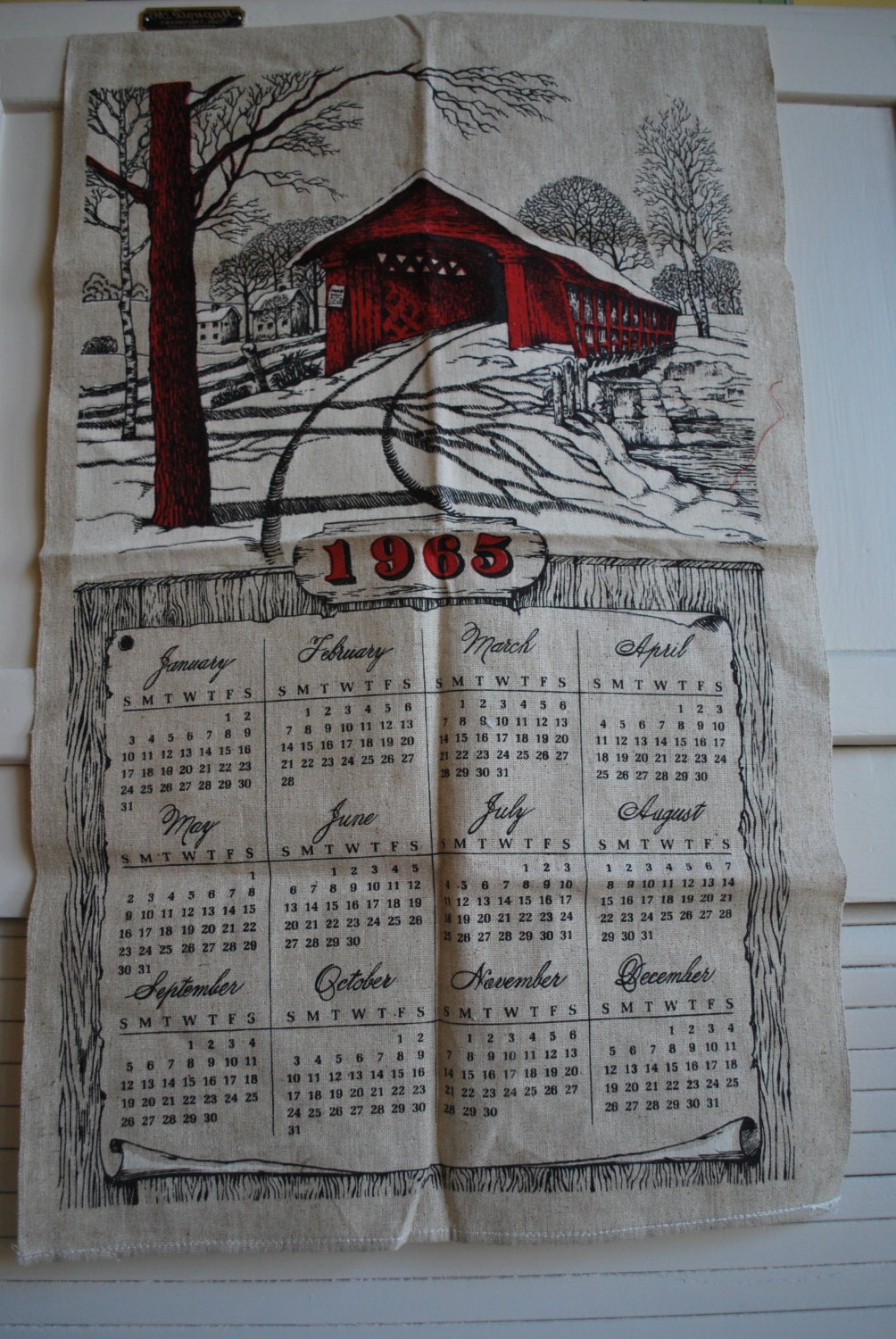 1965 Vintage Calendar Towel with Red Barn