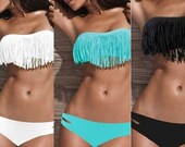 Hot 2 pcs Tassel Padded Bandeau Fringe BIKINI BEACH Women Swimsuit Swimwear set
