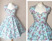 MADE TO ORDER, Turquoise & Pink Floral Print, handmade 50's inspired cotton dress, sweetheart neckine, capped sleeves, available sizes 6-20