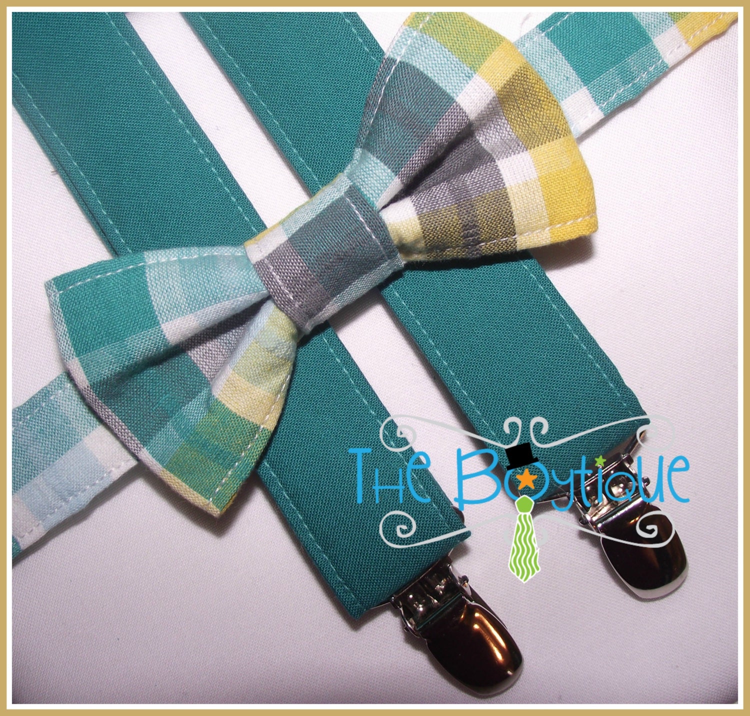 Boy's Bow Tie and Suspenders: Seersucker Plaid in Emerald, Yellow, Grey, Blue and Fuchsia