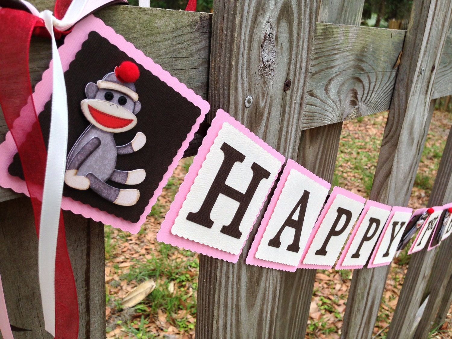 Girl Sock Monkey Birthday - Pink Sock Monkey Birthday - Sock Monkey Birthday Banner - 1st Birthday Decorations - Happy 1st Birthday Banner