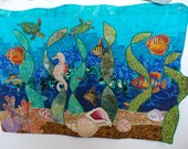 Quilted Wallhanging Fiber Art Ocean in Motion II Sealife Bargello and Applique Wall Art OOAK 30 X 21