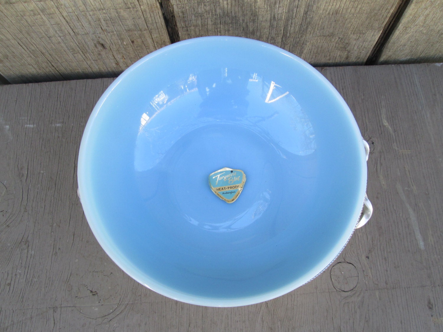 Rare Fire King Turquoise Blue Vegetable Bowl with Silver Silver Holder and Lid - Anchor Hocking
