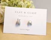 Grey bunny rabbit mismatch head and tail earrings - beautiful handmade polymer clay jewellery by Clay & Clasp
