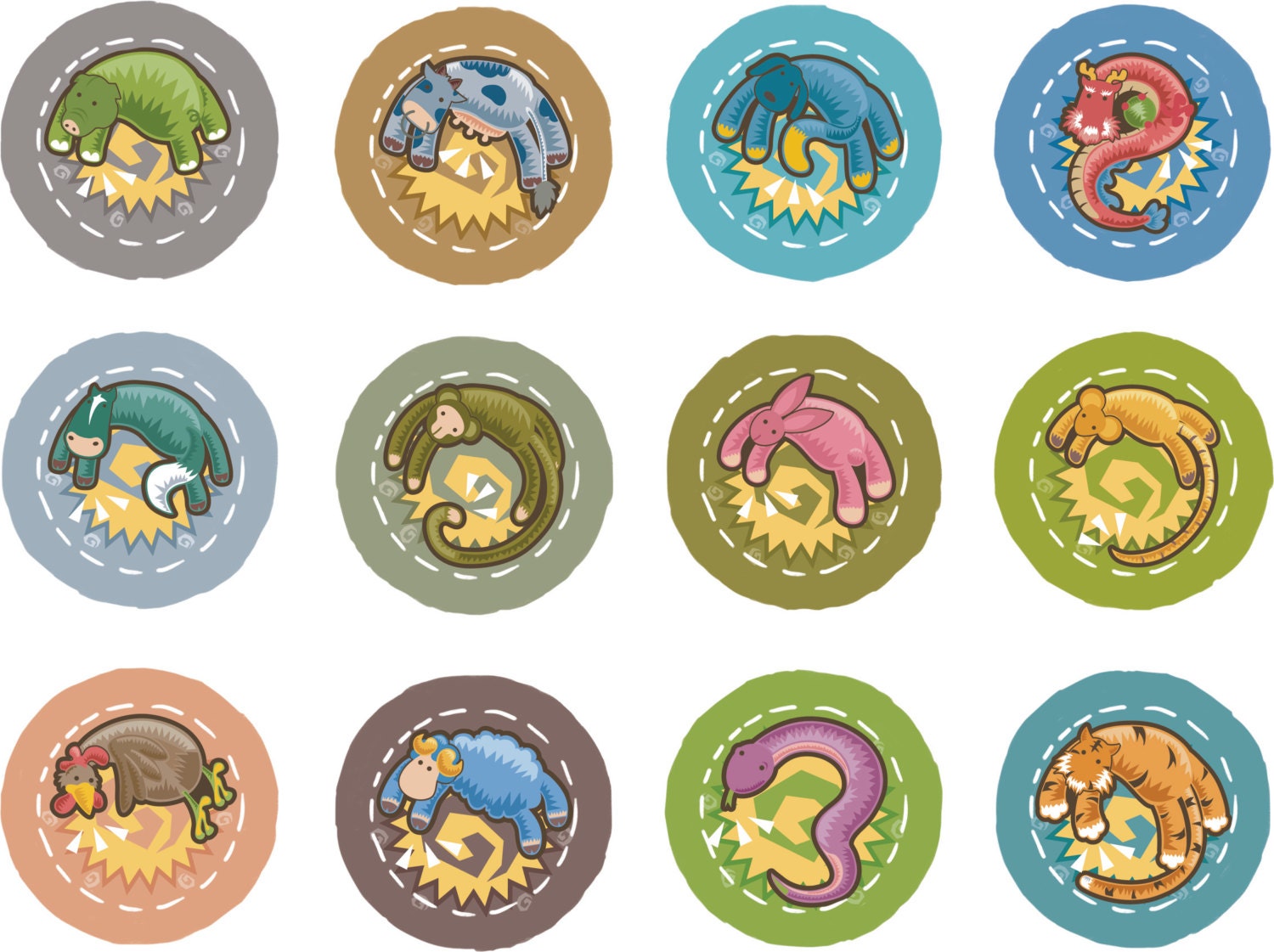 Colorful Chinese Zodiac Cute Animal Pinback, Inch and a Quarter (1"-1/4")  Button Set of Twelve (12)