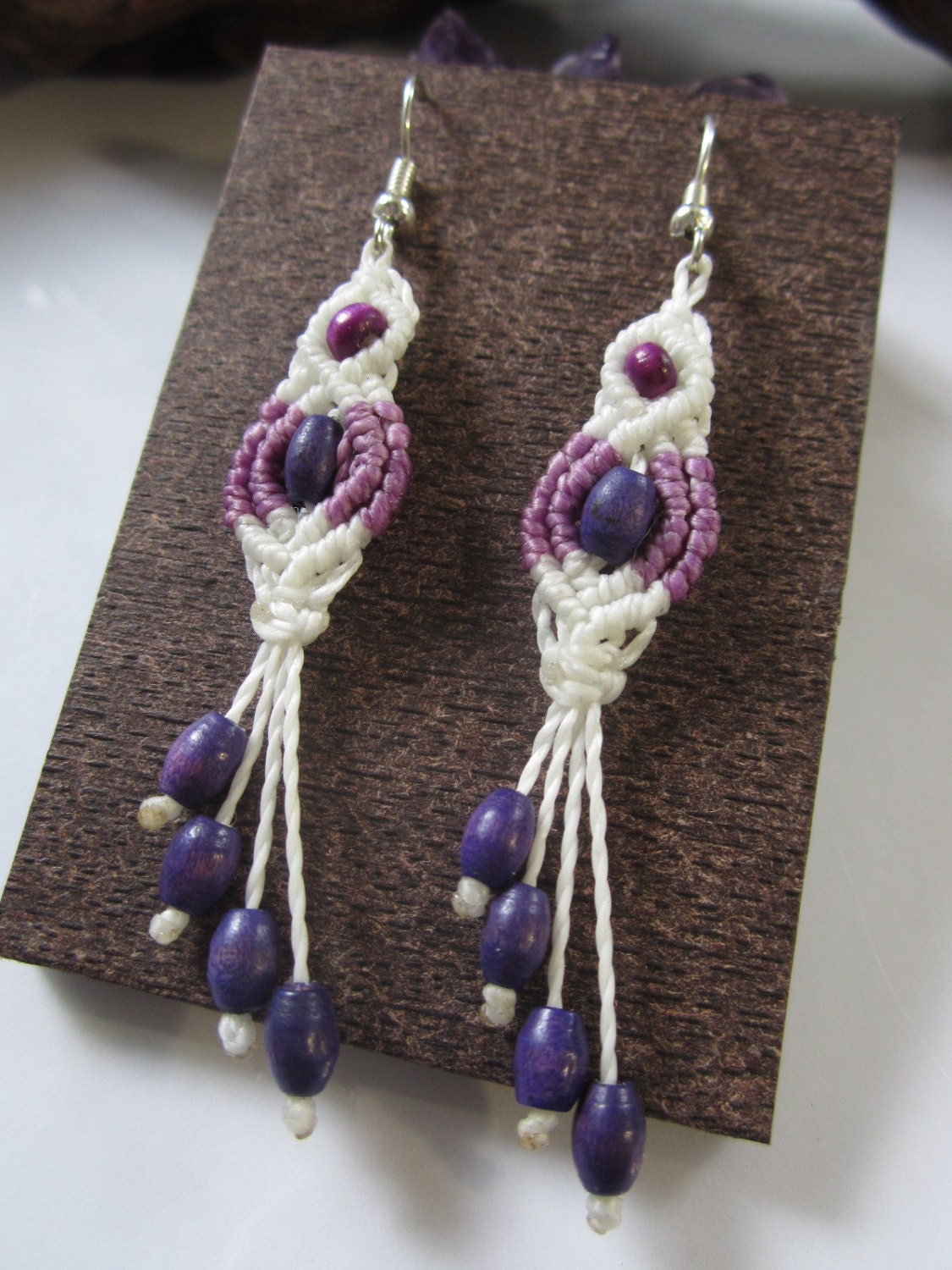 White&Lila Macrame Earrings with wood beads Handmade