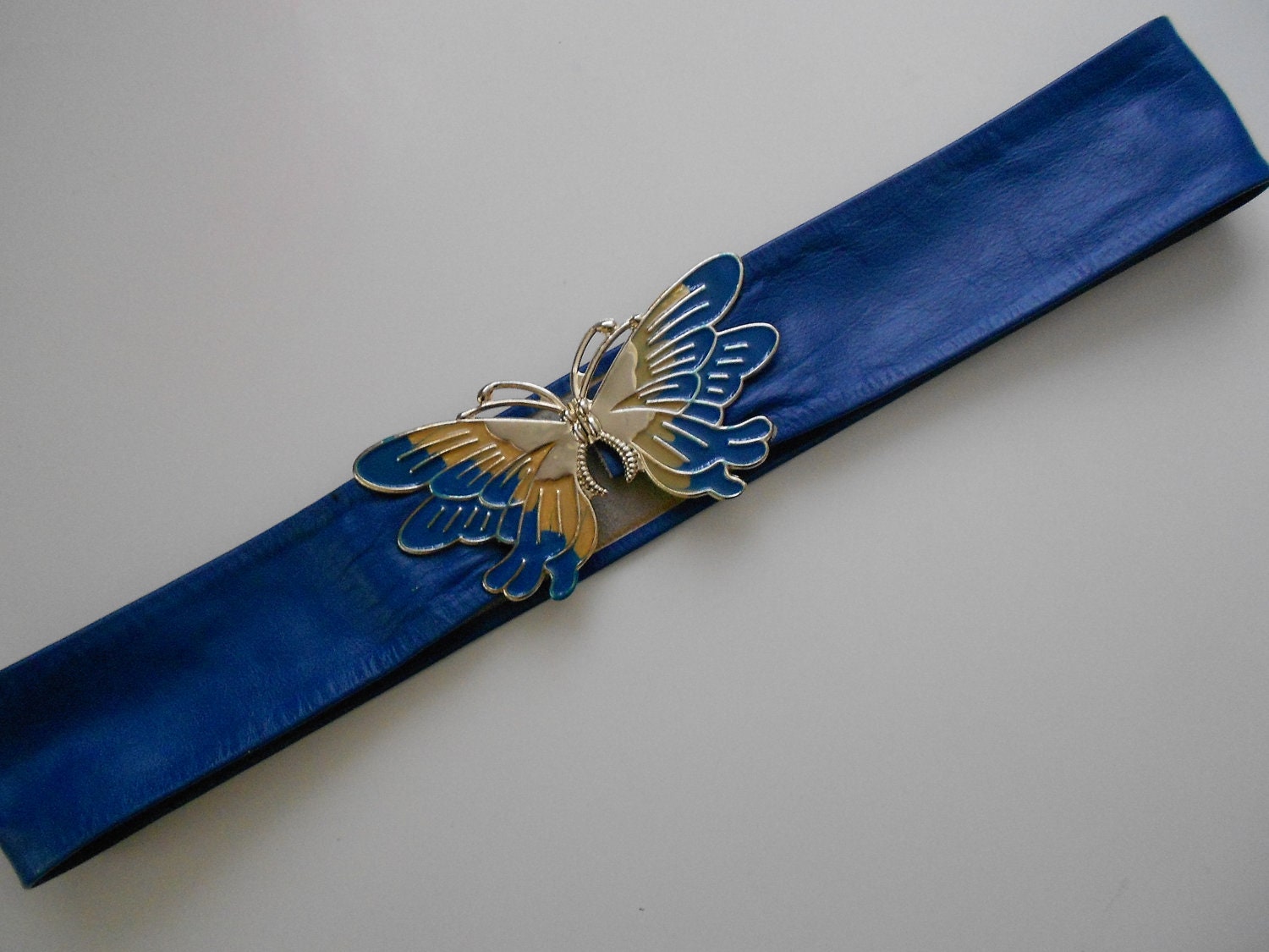 Vintage OOAK Blue Soft Leather Belt With Unique Connecting Butterfly Buckle Size Small Fashion Accessories