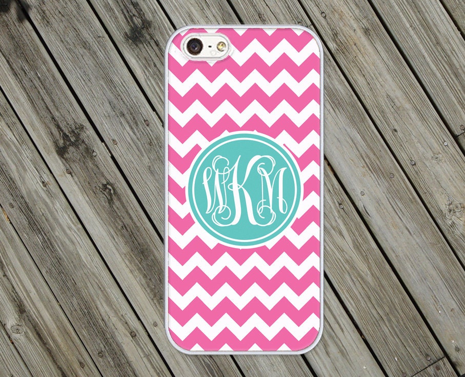 iphone 5 Case - Monogram iphone5 Case - hard plastic or silicone rubber - pink chevron blue circle