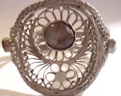 Beautiful Sterling Silver Filigree Bangle Cuff Bracelet w/ Beautiful Agate w/ Tones of Red, White, Black & Orange, Vintage 1920s, Great Gift
